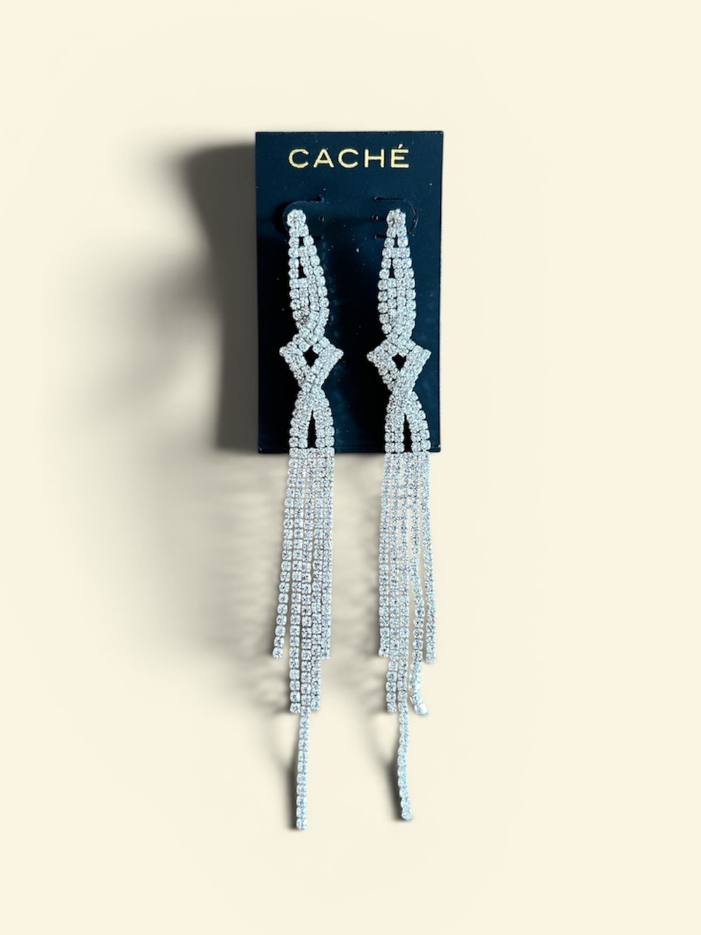 Caché Silver Crystal Tassel Drop Earrings NWT